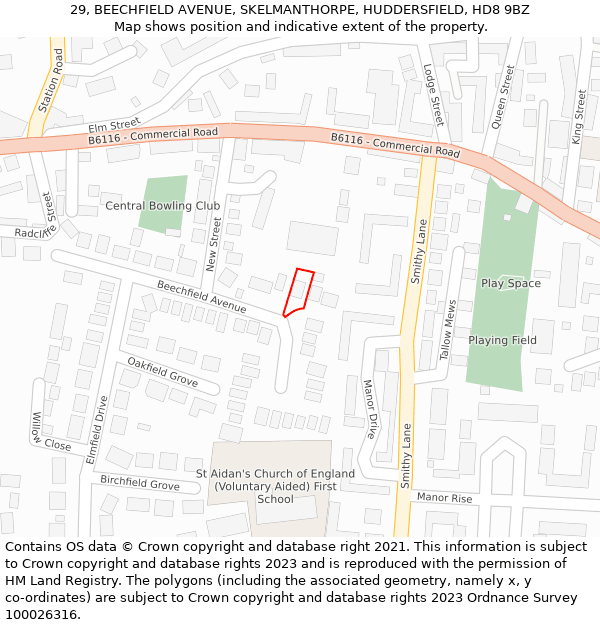 29, BEECHFIELD AVENUE, SKELMANTHORPE, HUDDERSFIELD, HD8 9BZ: Location map and indicative extent of plot