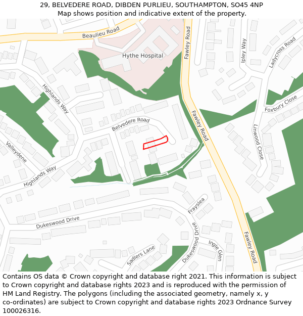 29, BELVEDERE ROAD, DIBDEN PURLIEU, SOUTHAMPTON, SO45 4NP: Location map and indicative extent of plot