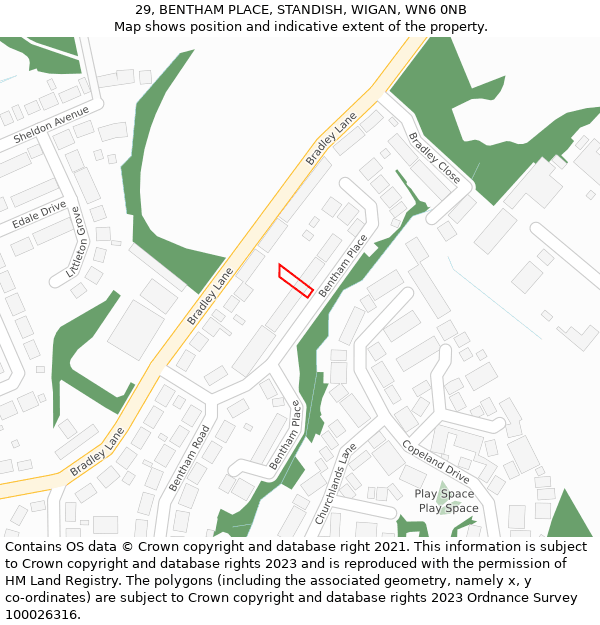 29, BENTHAM PLACE, STANDISH, WIGAN, WN6 0NB: Location map and indicative extent of plot