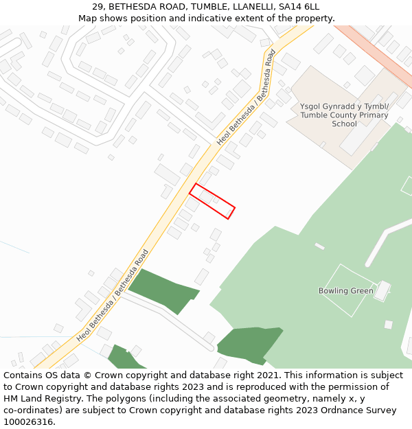 29, BETHESDA ROAD, TUMBLE, LLANELLI, SA14 6LL: Location map and indicative extent of plot