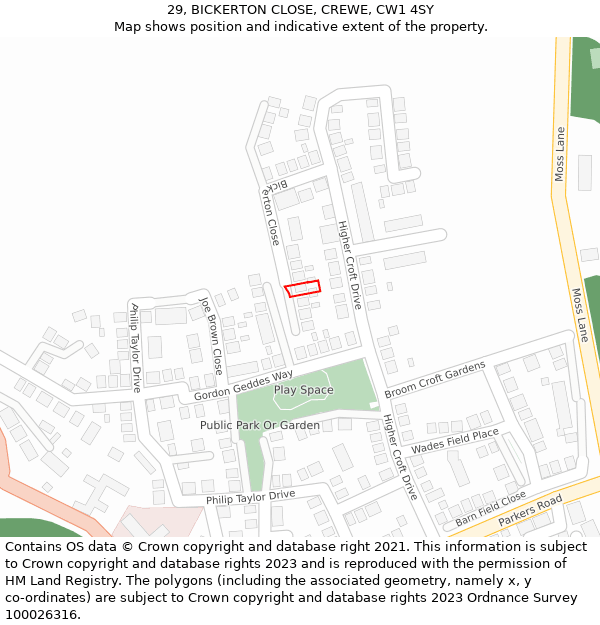 29, BICKERTON CLOSE, CREWE, CW1 4SY: Location map and indicative extent of plot