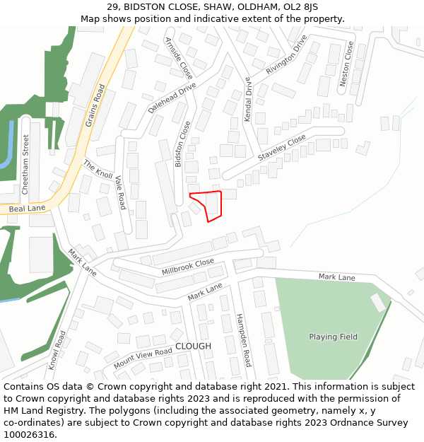 29, BIDSTON CLOSE, SHAW, OLDHAM, OL2 8JS: Location map and indicative extent of plot