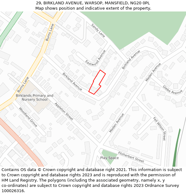 29, BIRKLAND AVENUE, WARSOP, MANSFIELD, NG20 0PL: Location map and indicative extent of plot