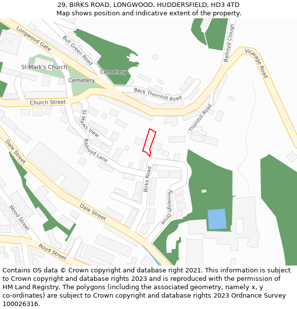 29, BIRKS ROAD, LONGWOOD, HUDDERSFIELD, HD3 4TD: Location map and indicative extent of plot