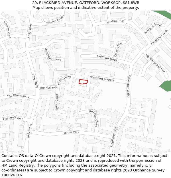 29, BLACKBIRD AVENUE, GATEFORD, WORKSOP, S81 8WB: Location map and indicative extent of plot