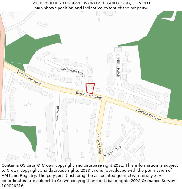 29, BLACKHEATH GROVE, WONERSH, GUILDFORD, GU5 0PU: Location map and indicative extent of plot