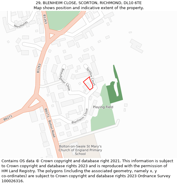 29, BLENHEIM CLOSE, SCORTON, RICHMOND, DL10 6TE: Location map and indicative extent of plot