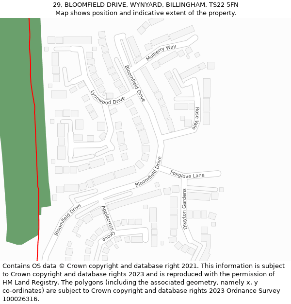 29, BLOOMFIELD DRIVE, WYNYARD, BILLINGHAM, TS22 5FN: Location map and indicative extent of plot