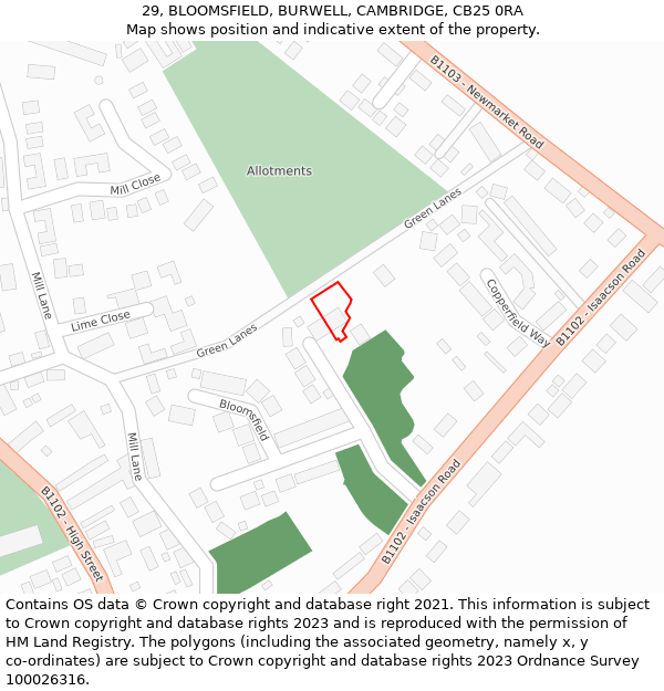 29, BLOOMSFIELD, BURWELL, CAMBRIDGE, CB25 0RA: Location map and indicative extent of plot