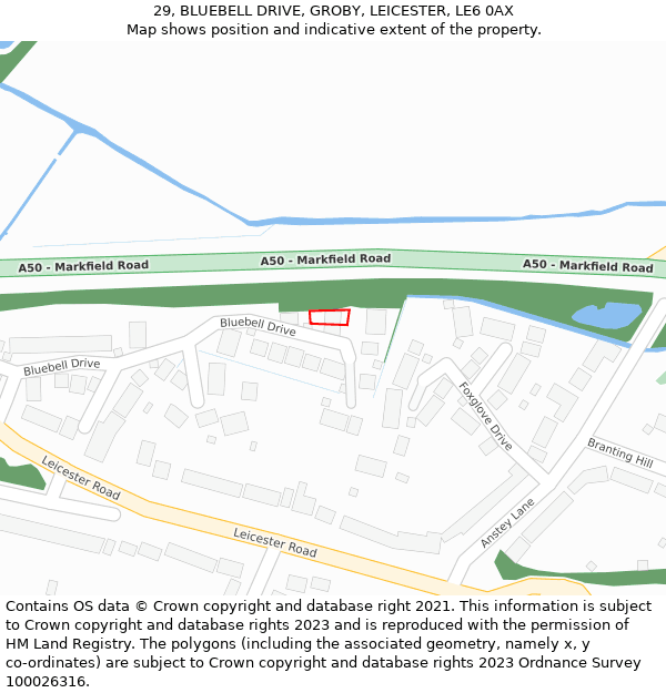 29, BLUEBELL DRIVE, GROBY, LEICESTER, LE6 0AX: Location map and indicative extent of plot