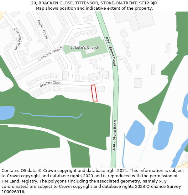 29, BRACKEN CLOSE, TITTENSOR, STOKE-ON-TRENT, ST12 9JD: Location map and indicative extent of plot