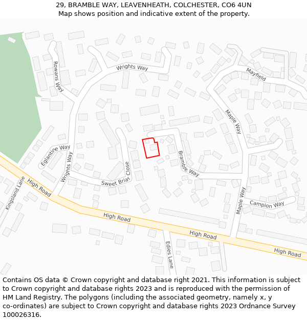 29, BRAMBLE WAY, LEAVENHEATH, COLCHESTER, CO6 4UN: Location map and indicative extent of plot