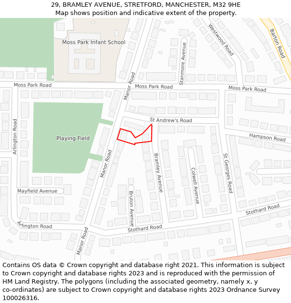 29, BRAMLEY AVENUE, STRETFORD, MANCHESTER, M32 9HE: Location map and indicative extent of plot