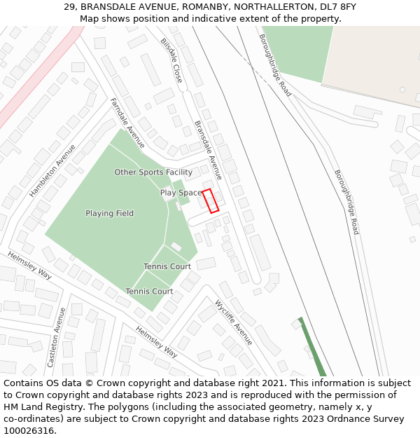 29, BRANSDALE AVENUE, ROMANBY, NORTHALLERTON, DL7 8FY: Location map and indicative extent of plot