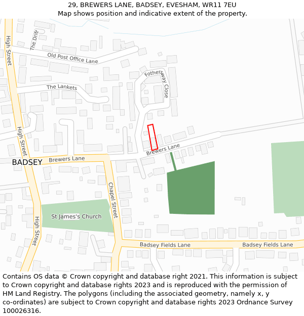 29, BREWERS LANE, BADSEY, EVESHAM, WR11 7EU: Location map and indicative extent of plot