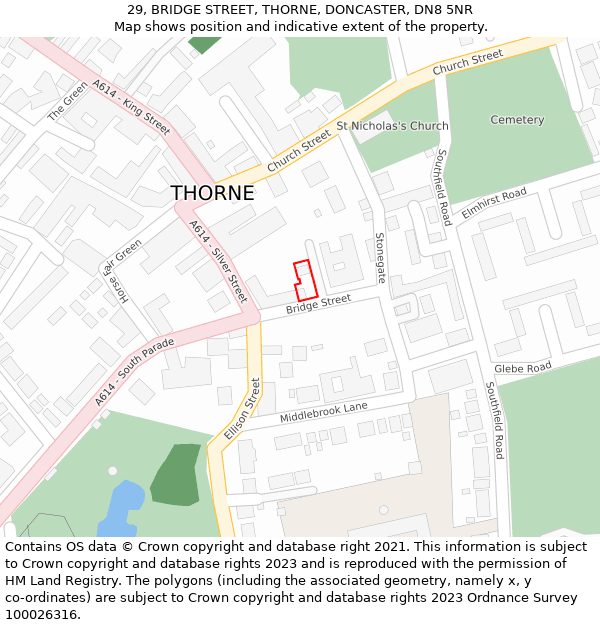 29, BRIDGE STREET, THORNE, DONCASTER, DN8 5NR: Location map and indicative extent of plot