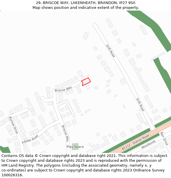 29, BRISCOE WAY, LAKENHEATH, BRANDON, IP27 9SA: Location map and indicative extent of plot