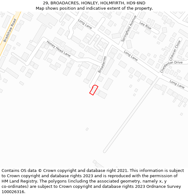 29, BROADACRES, HONLEY, HOLMFIRTH, HD9 6ND: Location map and indicative extent of plot