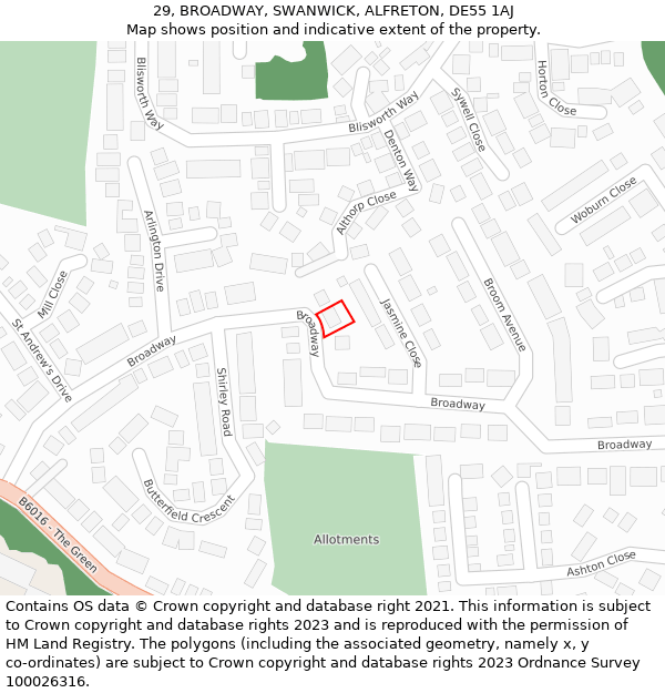 29, BROADWAY, SWANWICK, ALFRETON, DE55 1AJ: Location map and indicative extent of plot