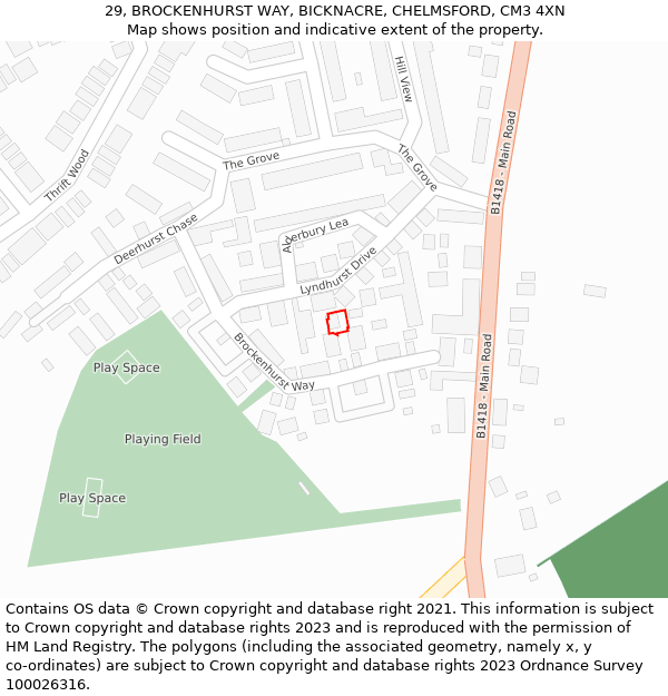 29, BROCKENHURST WAY, BICKNACRE, CHELMSFORD, CM3 4XN: Location map and indicative extent of plot