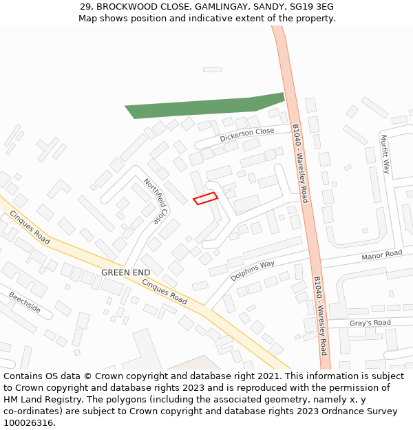 29, BROCKWOOD CLOSE, GAMLINGAY, SANDY, SG19 3EG: Location map and indicative extent of plot