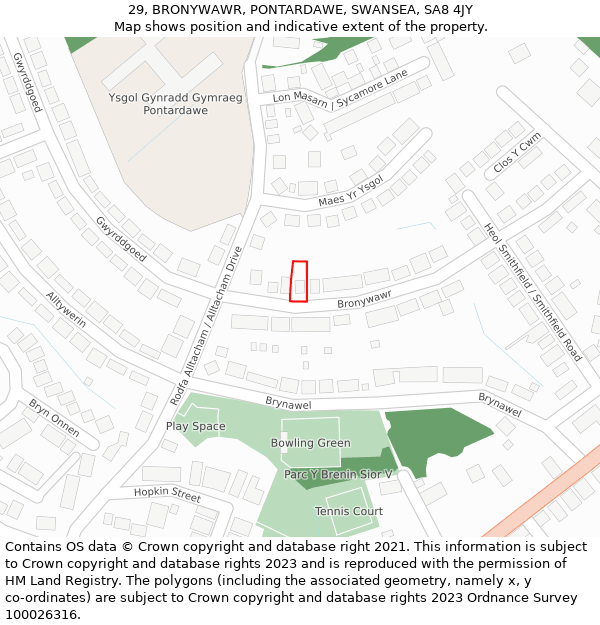 29, BRONYWAWR, PONTARDAWE, SWANSEA, SA8 4JY: Location map and indicative extent of plot