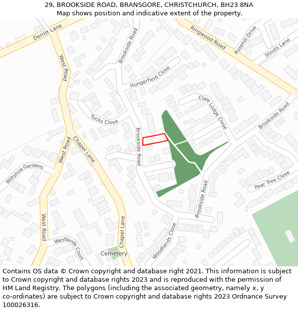 29, BROOKSIDE ROAD, BRANSGORE, CHRISTCHURCH, BH23 8NA: Location map and indicative extent of plot