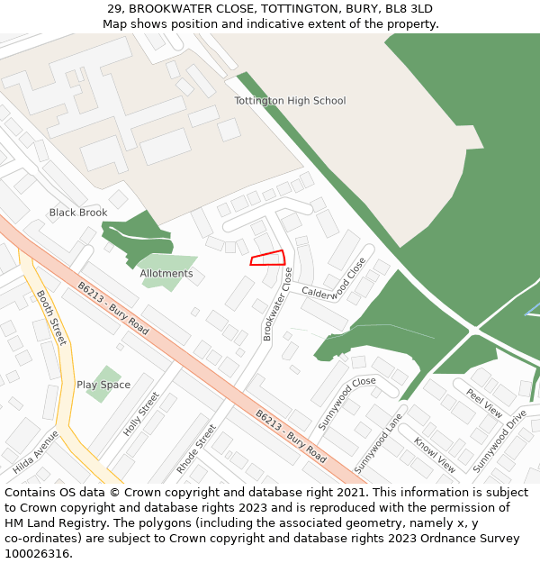 29, BROOKWATER CLOSE, TOTTINGTON, BURY, BL8 3LD: Location map and indicative extent of plot