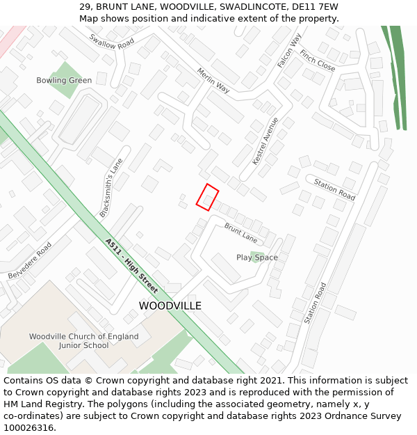 29, BRUNT LANE, WOODVILLE, SWADLINCOTE, DE11 7EW: Location map and indicative extent of plot