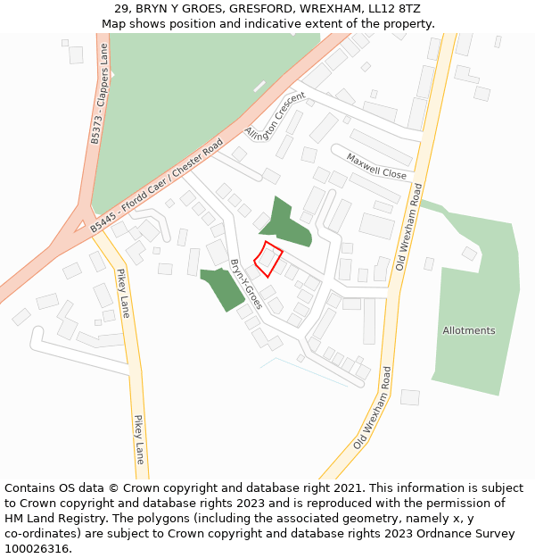 29, BRYN Y GROES, GRESFORD, WREXHAM, LL12 8TZ: Location map and indicative extent of plot