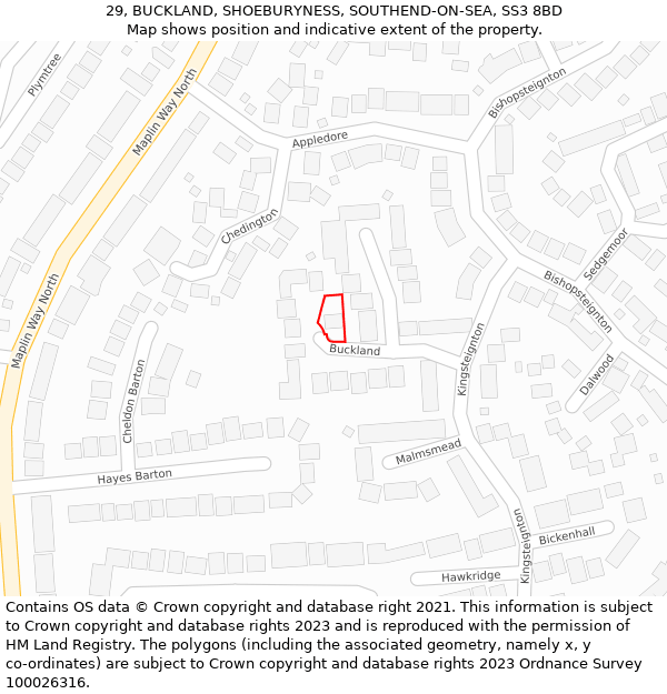 29, BUCKLAND, SHOEBURYNESS, SOUTHEND-ON-SEA, SS3 8BD: Location map and indicative extent of plot