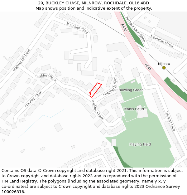 29, BUCKLEY CHASE, MILNROW, ROCHDALE, OL16 4BD: Location map and indicative extent of plot