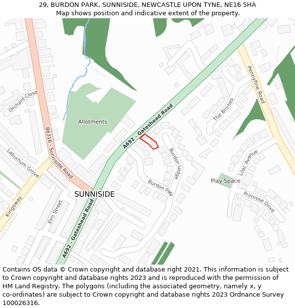 29, BURDON PARK, SUNNISIDE, NEWCASTLE UPON TYNE, NE16 5HA: Location map and indicative extent of plot