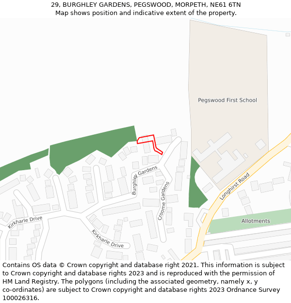 29, BURGHLEY GARDENS, PEGSWOOD, MORPETH, NE61 6TN: Location map and indicative extent of plot