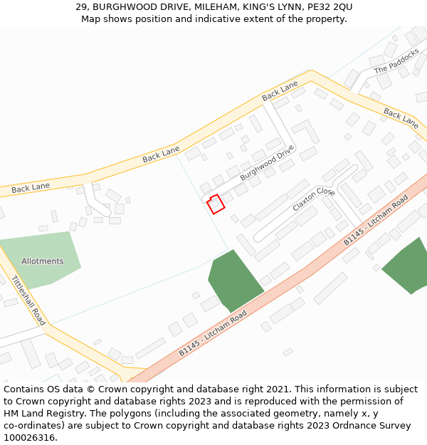 29, BURGHWOOD DRIVE, MILEHAM, KING'S LYNN, PE32 2QU: Location map and indicative extent of plot