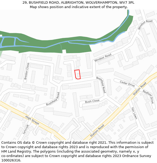 29, BUSHFIELD ROAD, ALBRIGHTON, WOLVERHAMPTON, WV7 3PL: Location map and indicative extent of plot