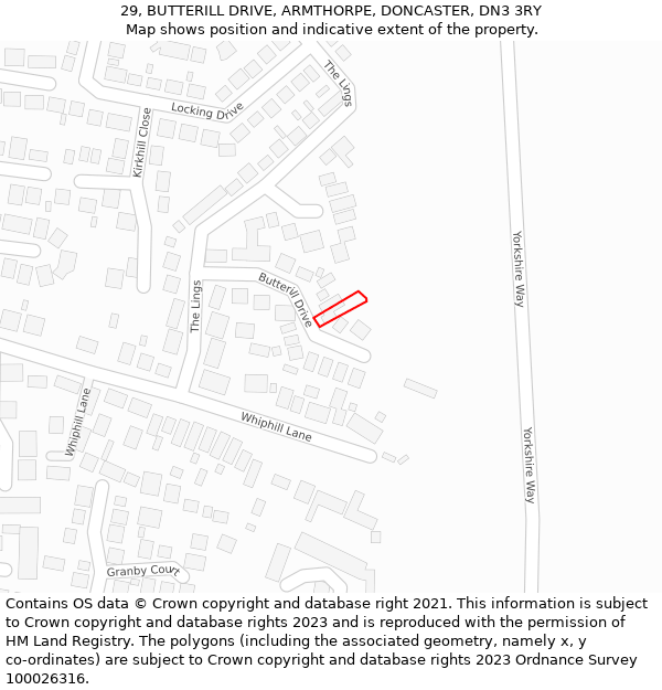 29, BUTTERILL DRIVE, ARMTHORPE, DONCASTER, DN3 3RY: Location map and indicative extent of plot