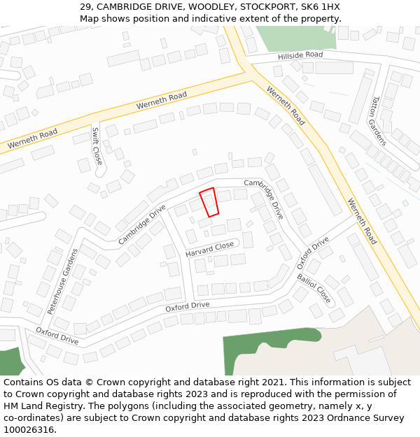 29, CAMBRIDGE DRIVE, WOODLEY, STOCKPORT, SK6 1HX: Location map and indicative extent of plot