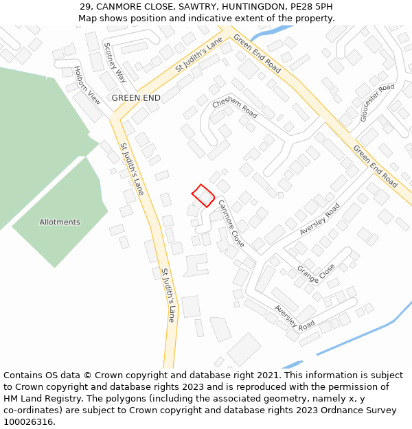 29, CANMORE CLOSE, SAWTRY, HUNTINGDON, PE28 5PH: Location map and indicative extent of plot