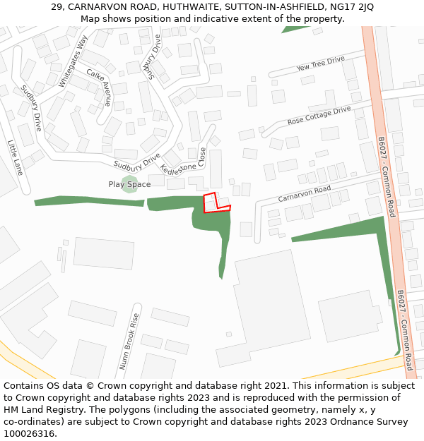 29, CARNARVON ROAD, HUTHWAITE, SUTTON-IN-ASHFIELD, NG17 2JQ: Location map and indicative extent of plot