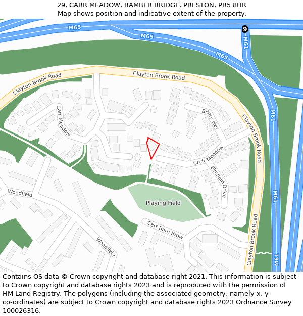 29, CARR MEADOW, BAMBER BRIDGE, PRESTON, PR5 8HR: Location map and indicative extent of plot