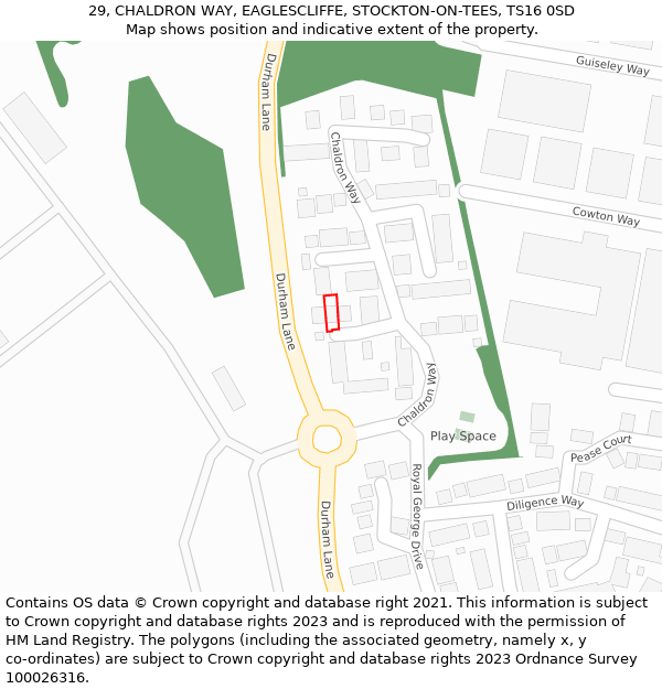 29, CHALDRON WAY, EAGLESCLIFFE, STOCKTON-ON-TEES, TS16 0SD: Location map and indicative extent of plot