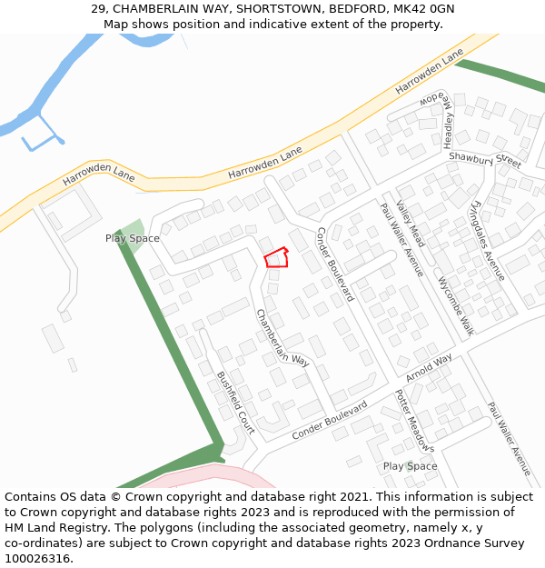 29, CHAMBERLAIN WAY, SHORTSTOWN, BEDFORD, MK42 0GN: Location map and indicative extent of plot