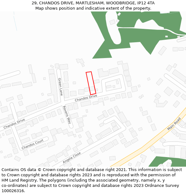 29, CHANDOS DRIVE, MARTLESHAM, WOODBRIDGE, IP12 4TA: Location map and indicative extent of plot