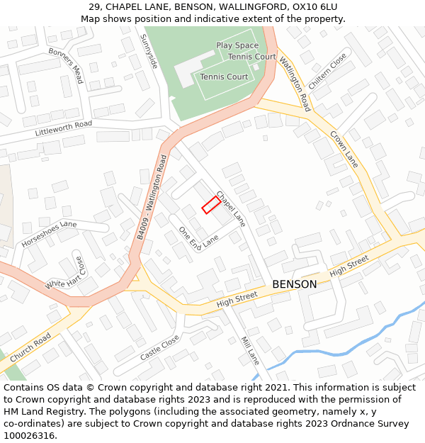 29, CHAPEL LANE, BENSON, WALLINGFORD, OX10 6LU: Location map and indicative extent of plot