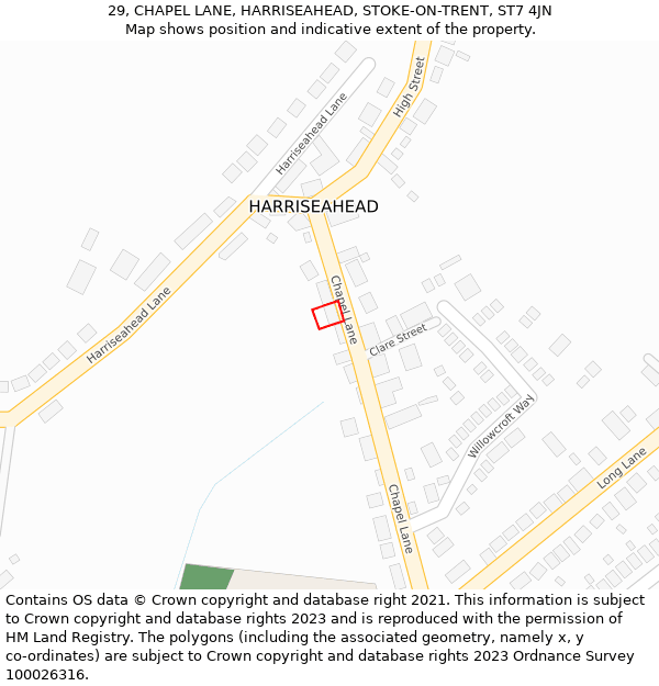 29, CHAPEL LANE, HARRISEAHEAD, STOKE-ON-TRENT, ST7 4JN: Location map and indicative extent of plot