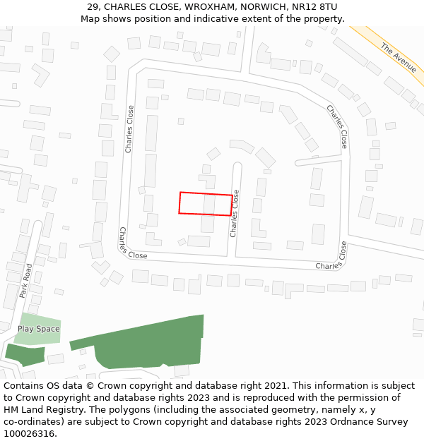 29, CHARLES CLOSE, WROXHAM, NORWICH, NR12 8TU: Location map and indicative extent of plot