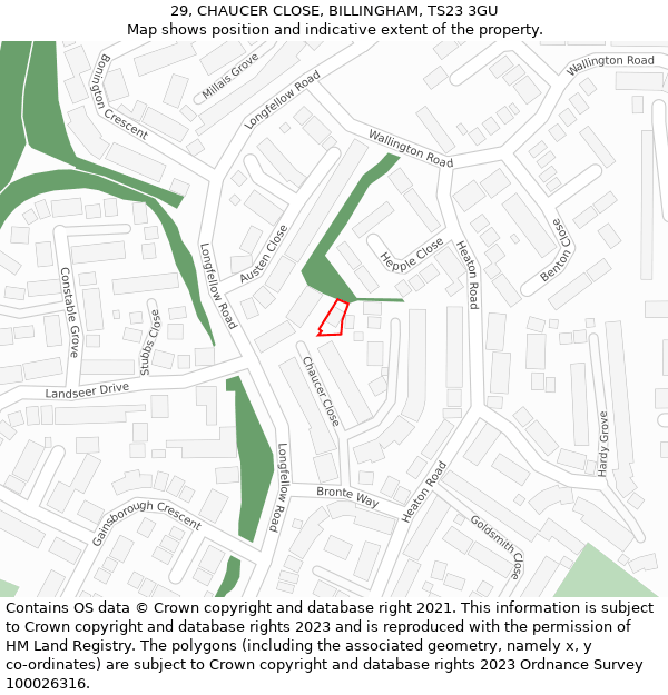 29, CHAUCER CLOSE, BILLINGHAM, TS23 3GU: Location map and indicative extent of plot