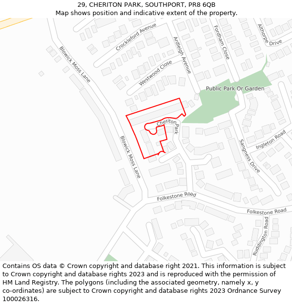 29, CHERITON PARK, SOUTHPORT, PR8 6QB: Location map and indicative extent of plot