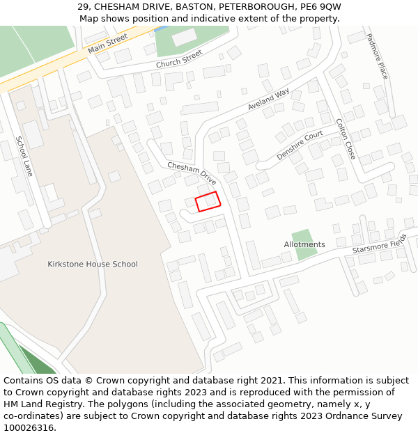 29, CHESHAM DRIVE, BASTON, PETERBOROUGH, PE6 9QW: Location map and indicative extent of plot
